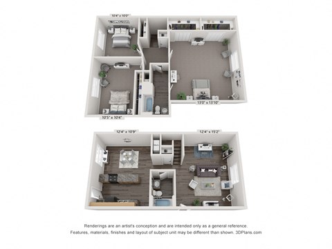 Three Bedroom Floor Plan at Rivers Landing Apartments and Townhomes, Hampton, Virginia
